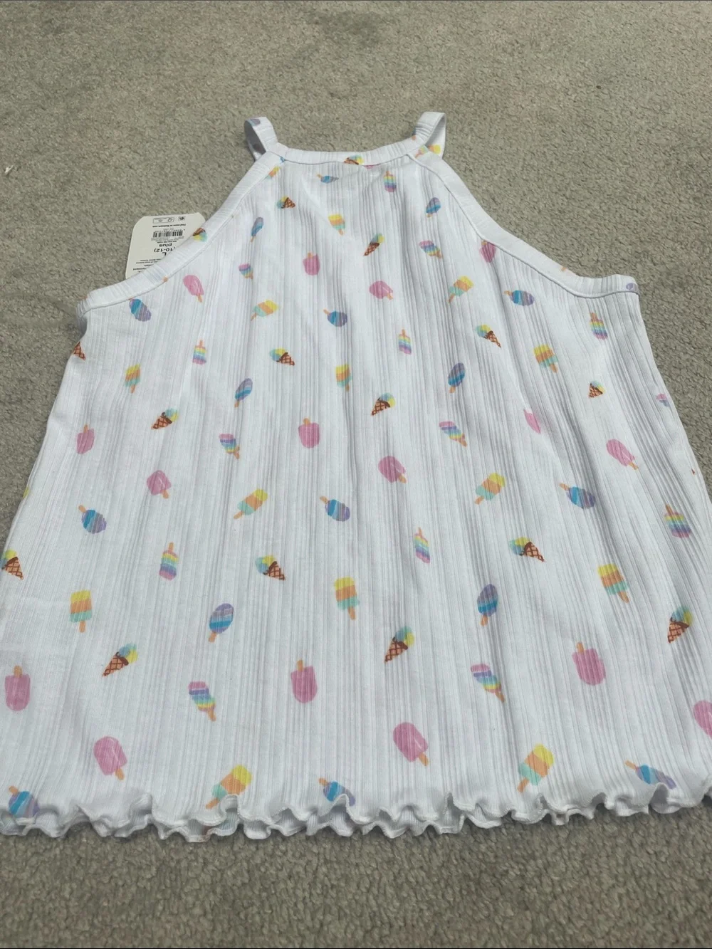 Girls White Ribbed Halter Tank with Pastel Ice Cream Print Girls Large 10-12 NWT